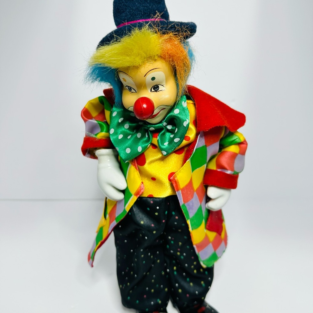 60s Musical Circus Clown 15" Key Wind Up Ceramic Cloth Movement Music Vtg